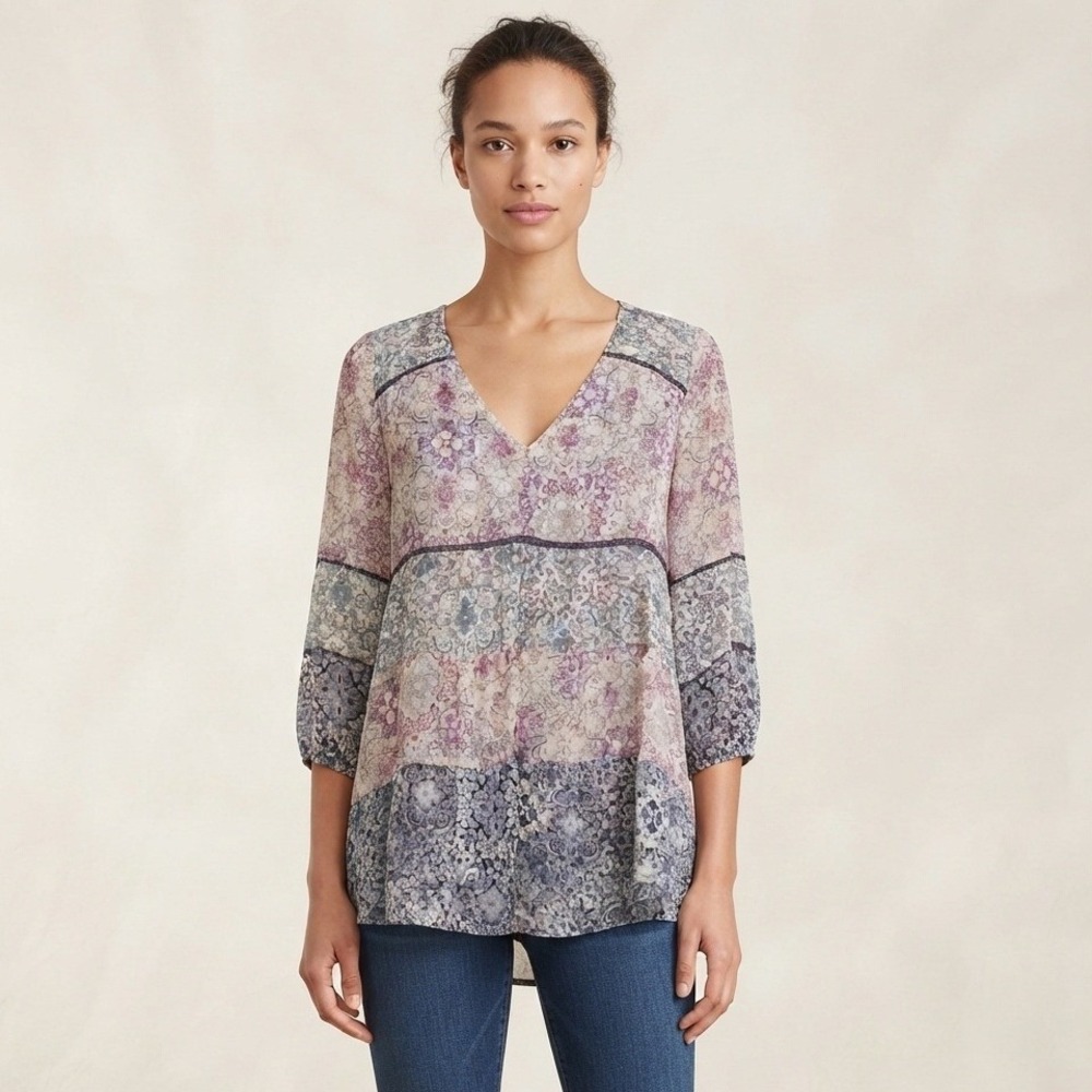 Knox Rose Boho Cottage Core Patchwork Print Tiered Tunic Top 3/4 Sleeve Size L
